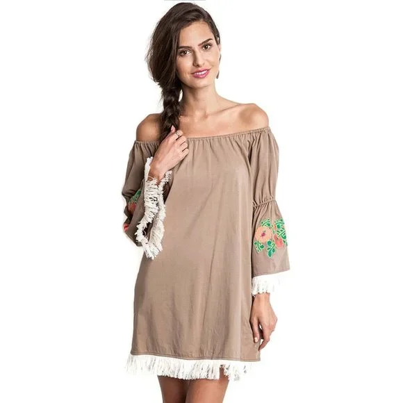 umgee off the shoulder dress Umgee Off-Shoulder Balloon Sleeve Velvet Mini Dress Dusty Pink / S
